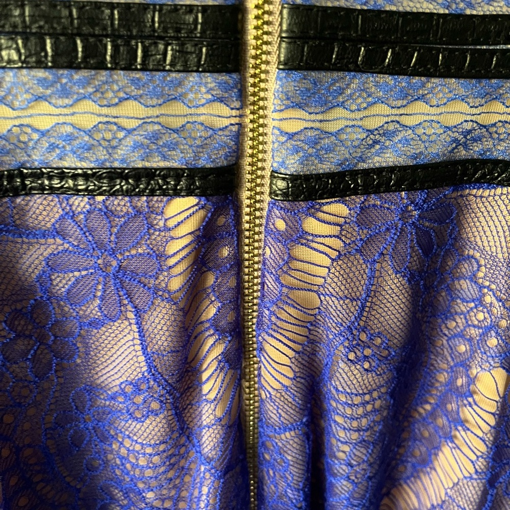 Three Floor electric blue/periwinkle Dress w/Lace, black leather, & sheer detail - Picture 10 of 16
